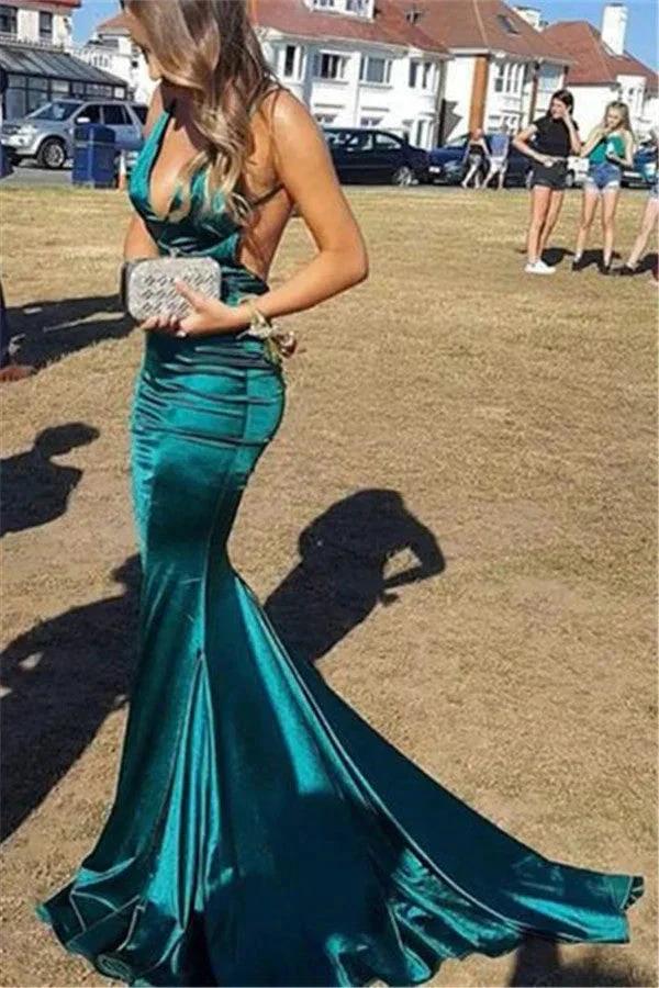 Excellent Long V-neck Mermaid Backless Prom Dress
