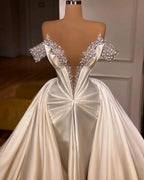 Exquisite Floor Length V-Neck Off-The-Shoulder A-Line Satin Prom Dress with Beads