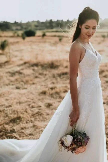 Exquisite Spaghetti Strap Sleeveless A-Line Floor-Length Lace Wedding Dresses
