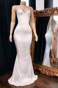 Eye-catching Long Mermaid Spaghetti Straps V-neck White Prom Dress