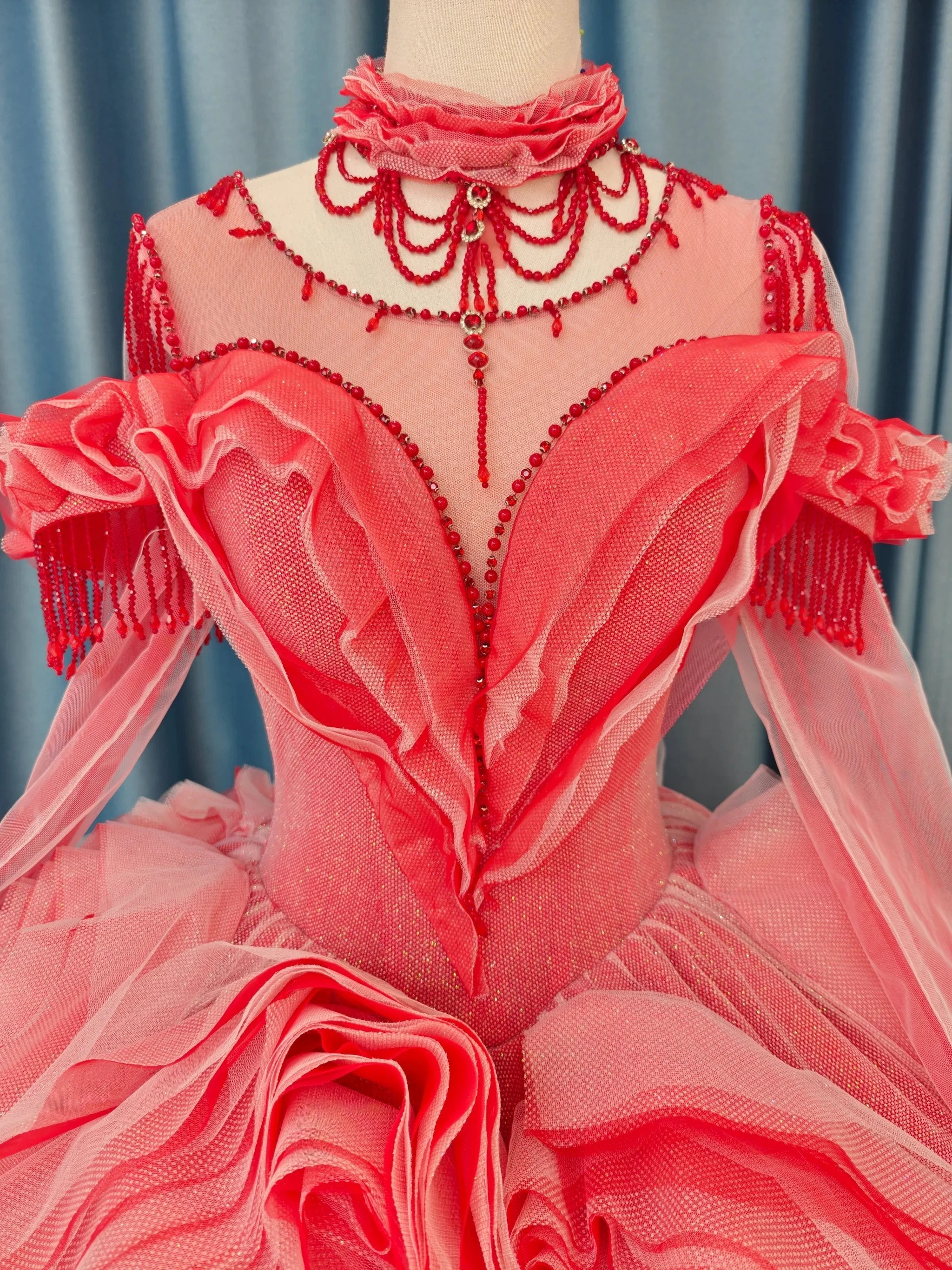 Vibrant Coral Red Off-the-Shoulder Ball Gown Wedding Dress with 3D Rose Appliqués & Beaded Tassels Ye-2036