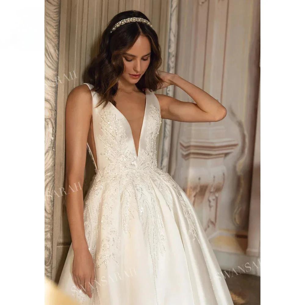 V-neck Sleeveless Wedding Dress 2024 Beading Open Back Court Train Princess Bride Gown SwanSarah P277 Plus Size Vestido De Novia