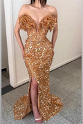 Long V Neck Pleated Sequins Mermaid Prom Dress With Slit