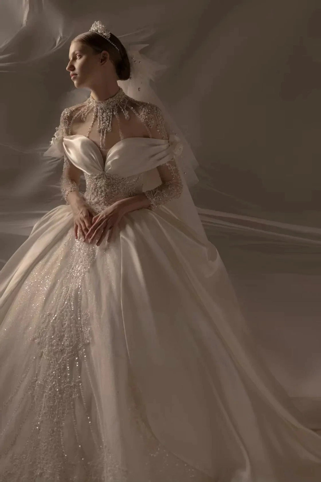 Opulent Ball Gown Off-the-Shoulder Satin Wedding Dress with Sequin Embroidery & Dramatic Train Q6018