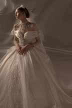 Opulent Ball Gown Off-the-Shoulder Satin Wedding Dress with Sequin Embroidery & Dramatic Train Q6018