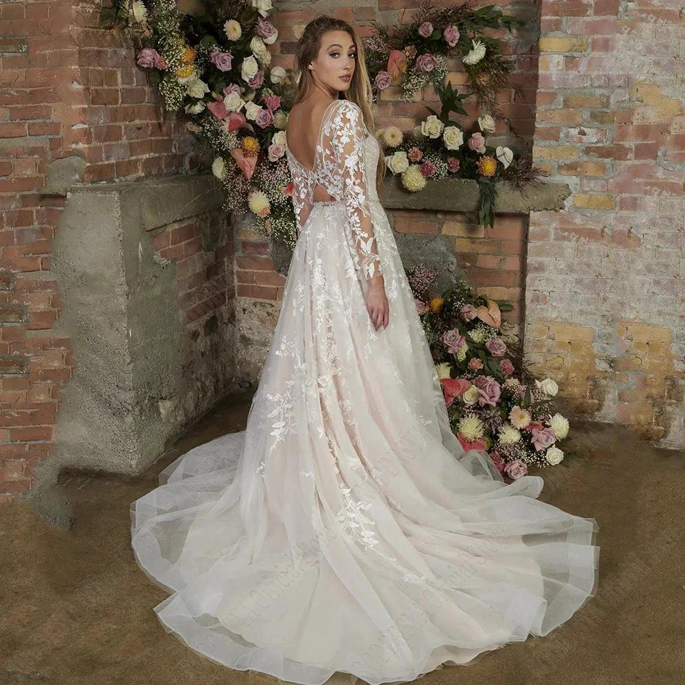 Light Champagne Modern Wedding Dresses Backless Applique Bride Gowns A-Line Tulle V-Neck Long Sleeves vestido de noiva
