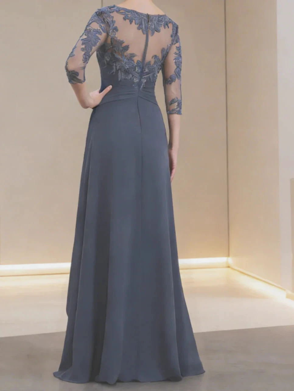 Dusty Gray Blue Lace Three Quarter Sleeve Evening Gown