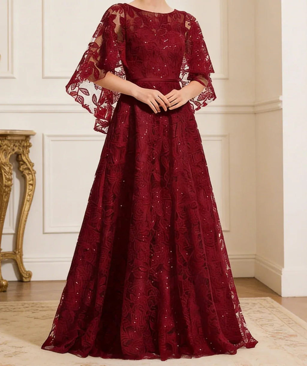 Burgundy Lace Evening Gown With Flutter Sleeves