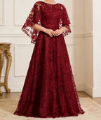 Burgundy Lace Evening Gown With Flutter Sleeves
