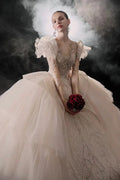 Glamorous V-Neck Ball Gown Long Lace Sleeve Beaded Embroidery Wedding Dress with Ruffled Train E315