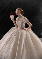 Regal High-Neck Ball Gown Beaded Mesh Capelet Satin Panel Wedding Dress with Embroidered Train Q6005
