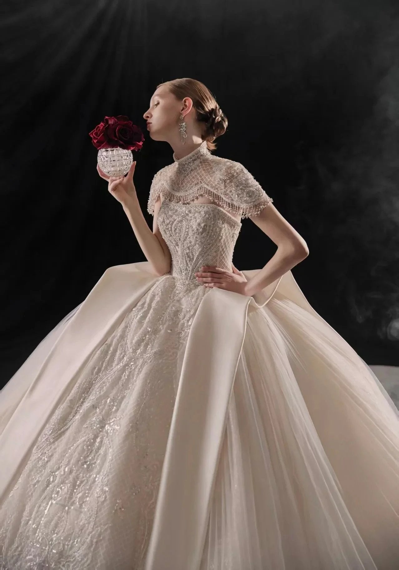 Regal High-Neck Ball Gown Beaded Mesh Capelet Satin Panel Wedding Dress with Embroidered Train Q6005