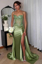Fabulous Column Tulle Satin Sweetheart Sleeveless Green Prom Dresses With Split Front