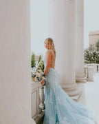 Fabulous Column Tulle Spaghetti Straps Sleeveless Long Prom Dress With Appliques