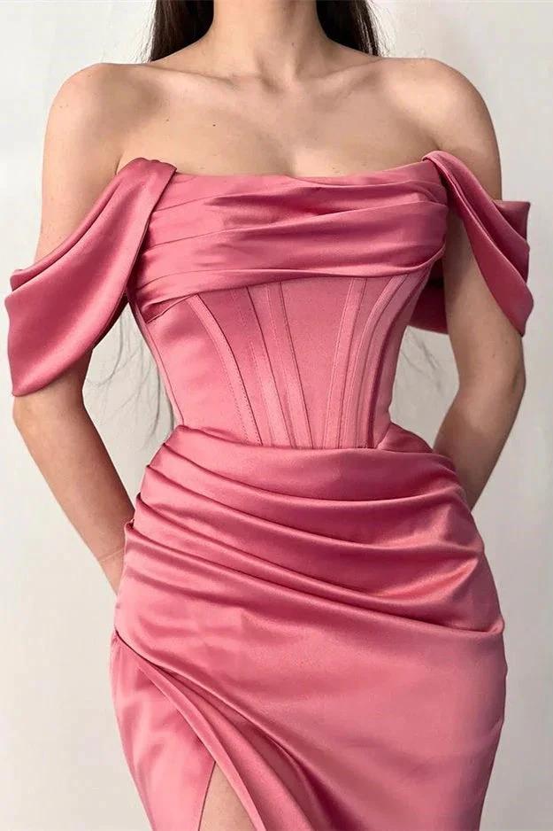 Fabulous Floor Length Off-The-Shoulder Mermaid Satin Prom Dress with Split