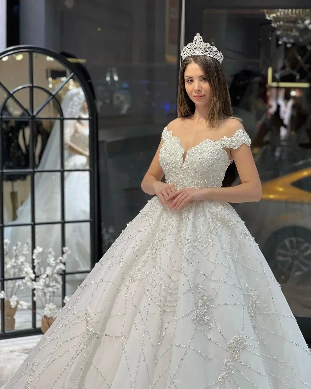 Fabulous Floor Length Sweetheart Off-The-Shoulder A-Line Sequined Wedding Dress with Ruffles