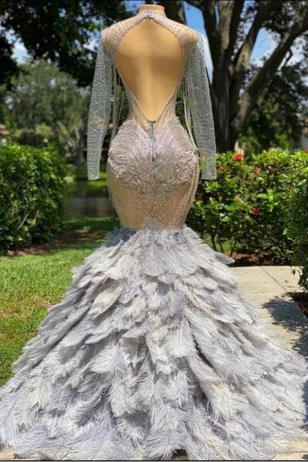 Fabulous Grey Sequined Beading Feather Mermaid Long Sleeves Tulle Prom Dress