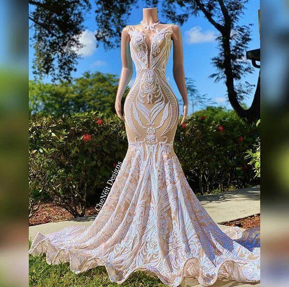 Fabulous High Neck Lace Floor-length Mermaid Prom Dresses