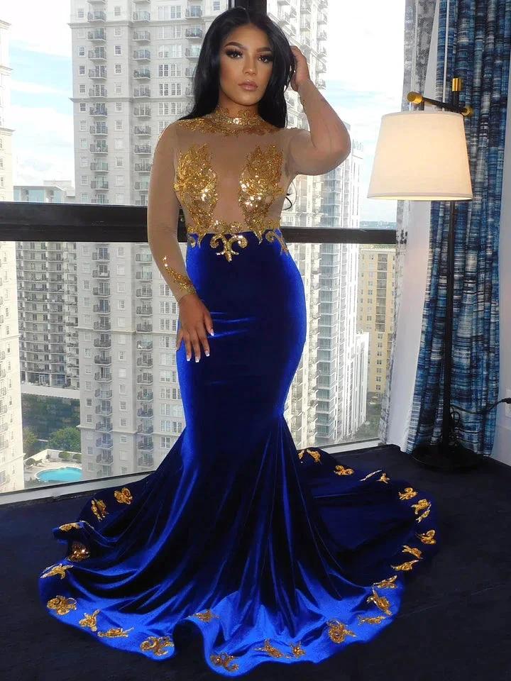 Fabulous High-neck Transparent lace Long Sleeve Appliques Lace Mermaid Prom Dresses
