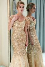 Fabulous Long Mermaid Off-the-shoulder Tulle Sequined Prom Dress