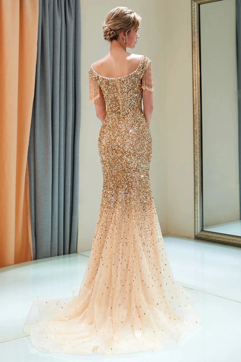 Fabulous Long Mermaid Off-the-shoulder Tulle Sequined Prom Dress