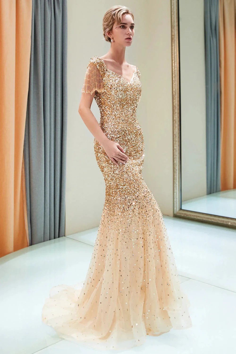 Fabulous Long Mermaid Off-the-shoulder Tulle Sequined Prom Dress