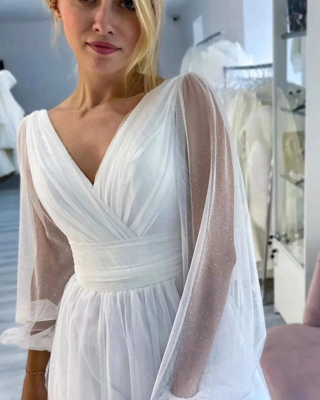 Fabulous Long White A-line V-neck Long Sleeves Glitter Wedding Dress With Slit