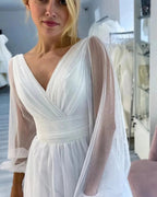 Fabulous Long White A-line V-neck Long Sleeves Glitter Wedding Dress With Slit