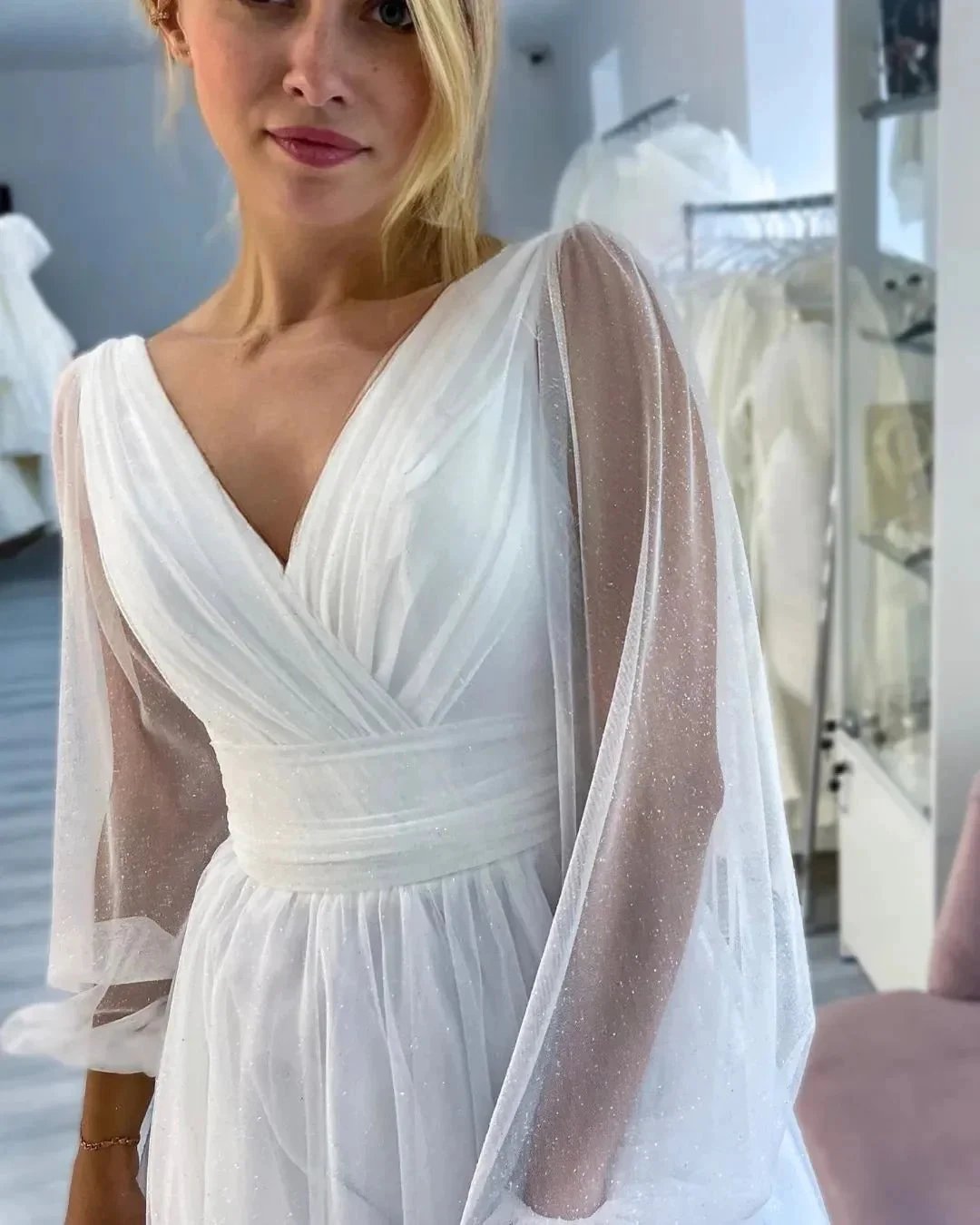 Fabulous Long White A-line V-neck Long Sleeves Glitter Wedding Dress With Slit