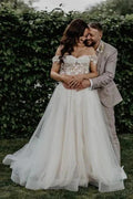 Fabulous Off-the-shoulder Sleeveless A-Line Tulle Wedding Dresses with Appliques