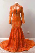 Fabulous Orange Halter Appliques Lace Long Sleeve Mermaid Prom Dresses