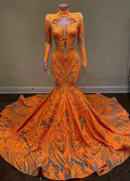 Fabulous Orange Halter Appliques Lace Long Sleeve Mermaid Prom Dresses
