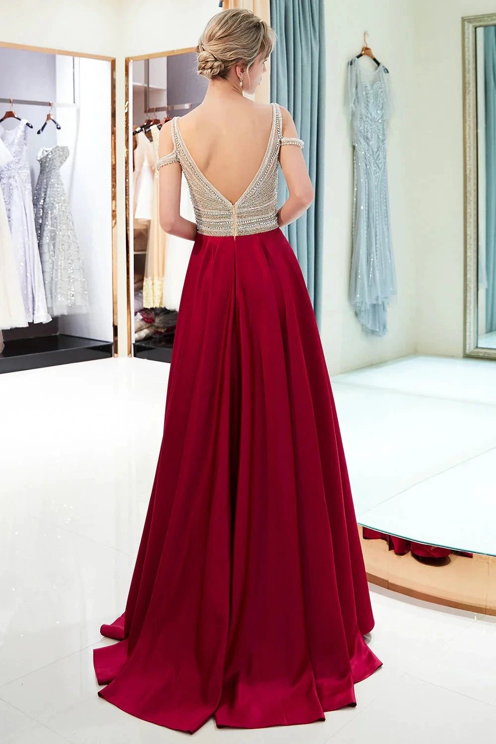 Fascinating Long A-line V-neck Beaded Stretch Satin Evening Dresses