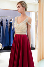 Fascinating Long A-line V-neck Beaded Stretch Satin Evening Dresses