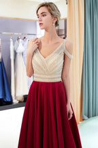 Fascinating Long A-line V-neck Beaded Stretch Satin Evening Dresses