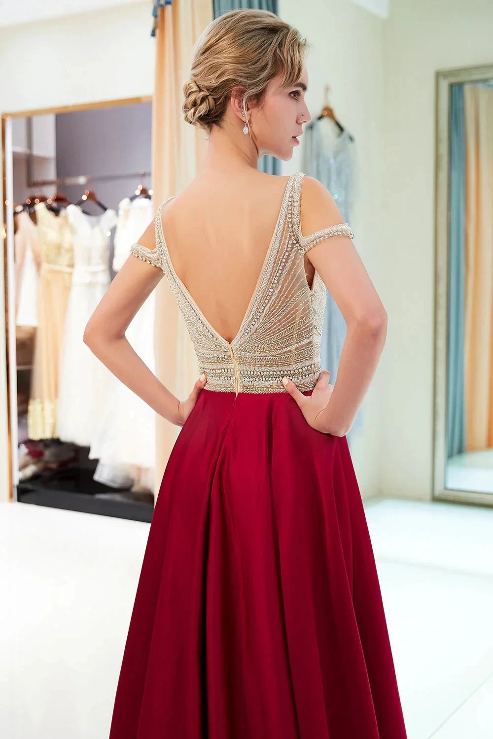 Fascinating Long A-line V-neck Beaded Stretch Satin Evening Dresses
