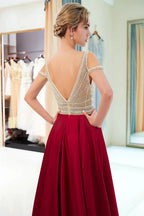 Fascinating Long A-line V-neck Beaded Stretch Satin Evening Dresses