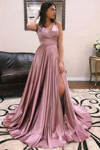 Fascinating Long A-line V-neck Satin Open Back Prom Dress with Front Slit