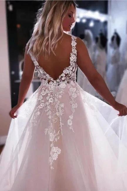 Fashion Straps A-Line Backless V-neck Wedding Dress With Lace