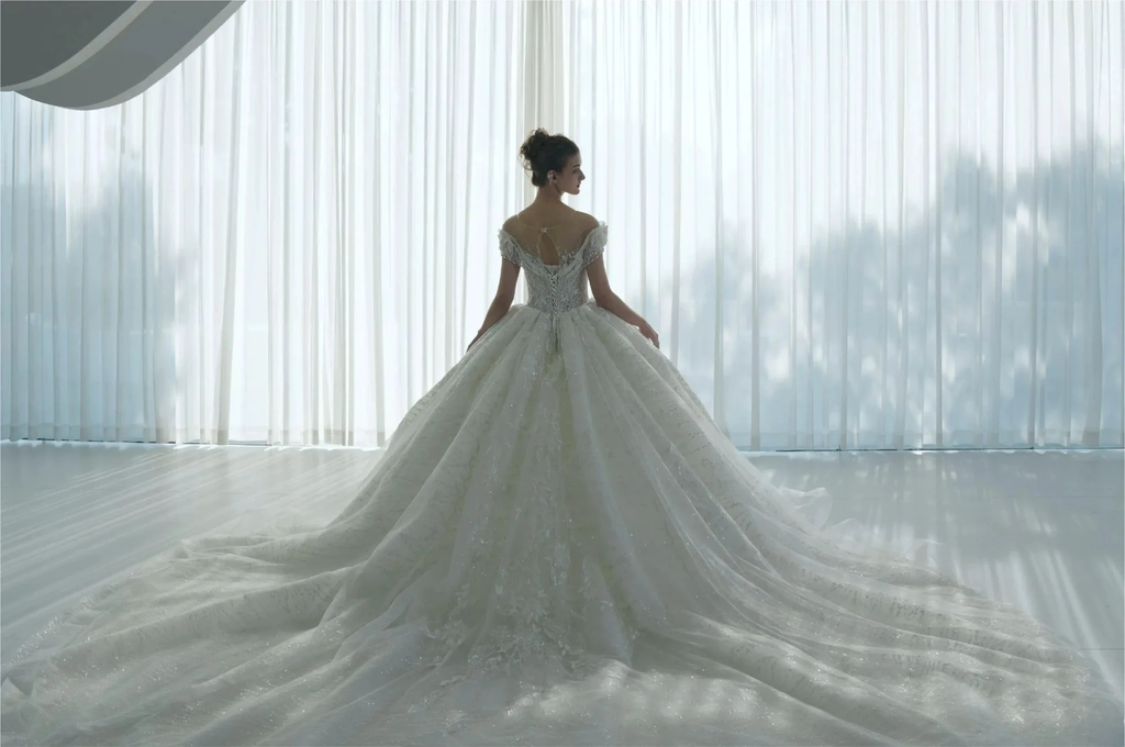 Ethereal Ball Gown Off-the-Shoulder Illusion Lace Wedding Dress with Beaded Embroidery & Cathedral Train M-002