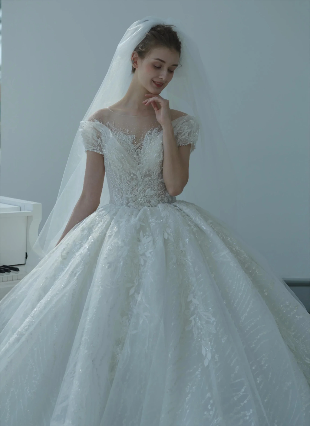 Ethereal Ball Gown Off-the-Shoulder Illusion Lace Wedding Dress with Beaded Embroidery & Cathedral Train M-002