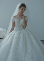 Ethereal Ball Gown Off-the-Shoulder Illusion Lace Wedding Dress with Beaded Embroidery & Cathedral Train M-002