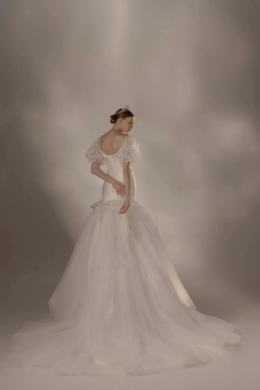 Elegant Mermaid Square Neck Organza Puff Sleeve Satin Wedding Dress with Crystal Trim & Lace-Up Back Q6019