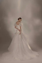 Elegant Mermaid Square Neck Organza Puff Sleeve Satin Wedding Dress with Crystal Trim & Lace-Up Back Q6019