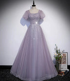 Purple tulle beads long prom dress A line evening gown s59