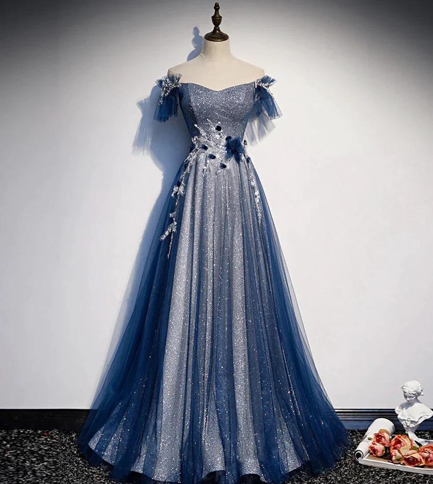 Shiny tulle sequins long prom dress blue evening dress s102
