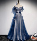 Shiny tulle sequins long prom dress blue evening dress s102