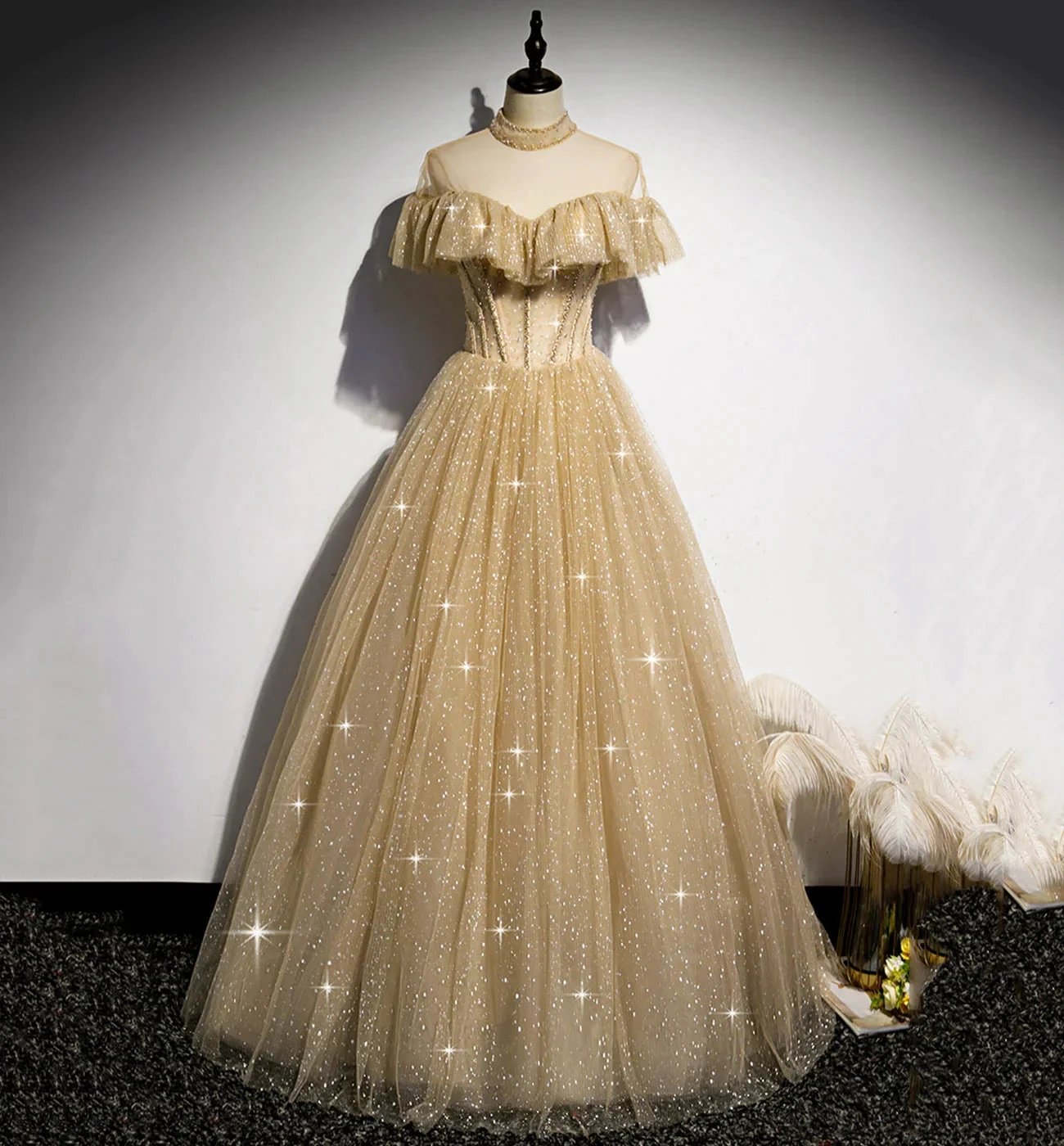 Gold A line sequins long ball gown dress formal dress s78