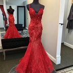 Red Handmade Lace Appliques Evening Dress,Mermaid/Trumpet V Neck Red Formal Gown Y1402