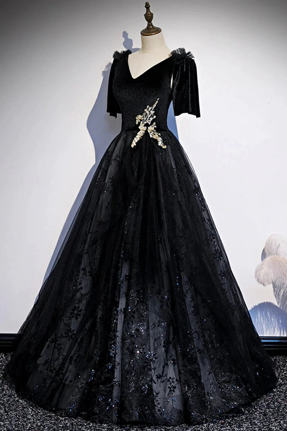 Black velvet lace long prom dress evening dress s103